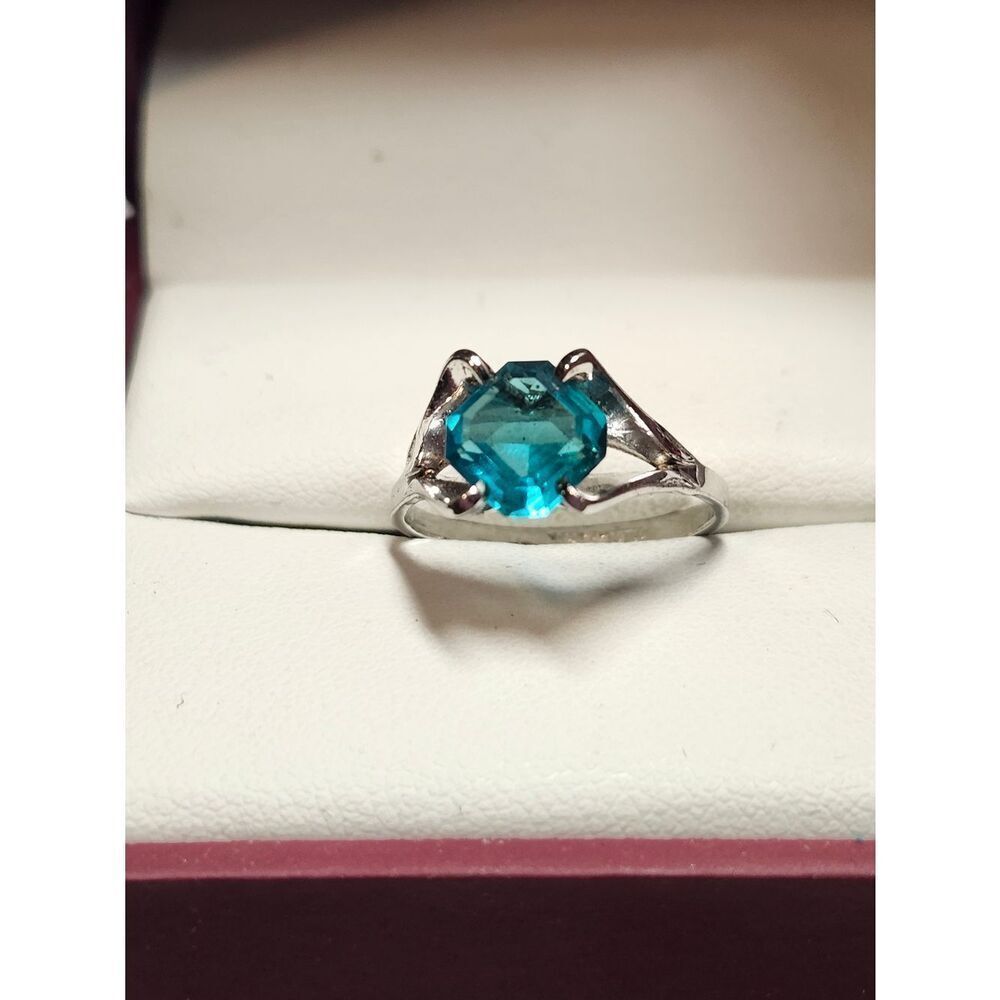 VTG Joseph Esposito Sterling Silver Plated Solitaire Ring Blue Glass Stone 5.75